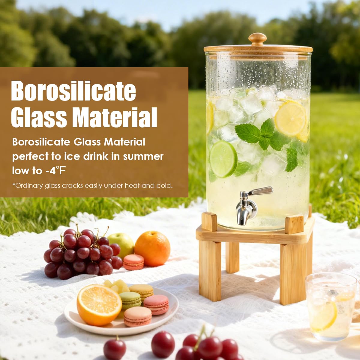 2.3 Gallon Large Glass Drink Dispenser for Parties, Glass Beverage Dispenser with Wood Stand, Juice & Lemonade Dispenser, Iced Beverage Dispenser with Spigot, Water Dispenser for Party with lid