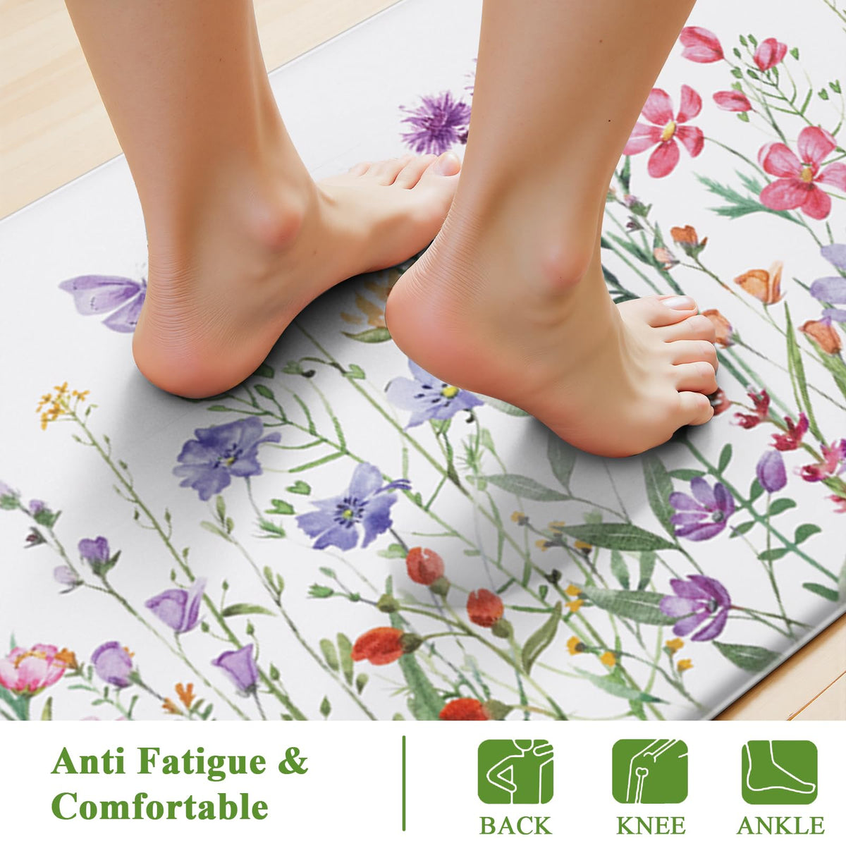 SHACOS Spring Kitchen Rugs Set of 2 Anti-Fatigue Kitchen Mats Floral Rugs White Cushioned Mats with Colorful Flowers Butterfly 17x27.5+17x47, Spring Flowers