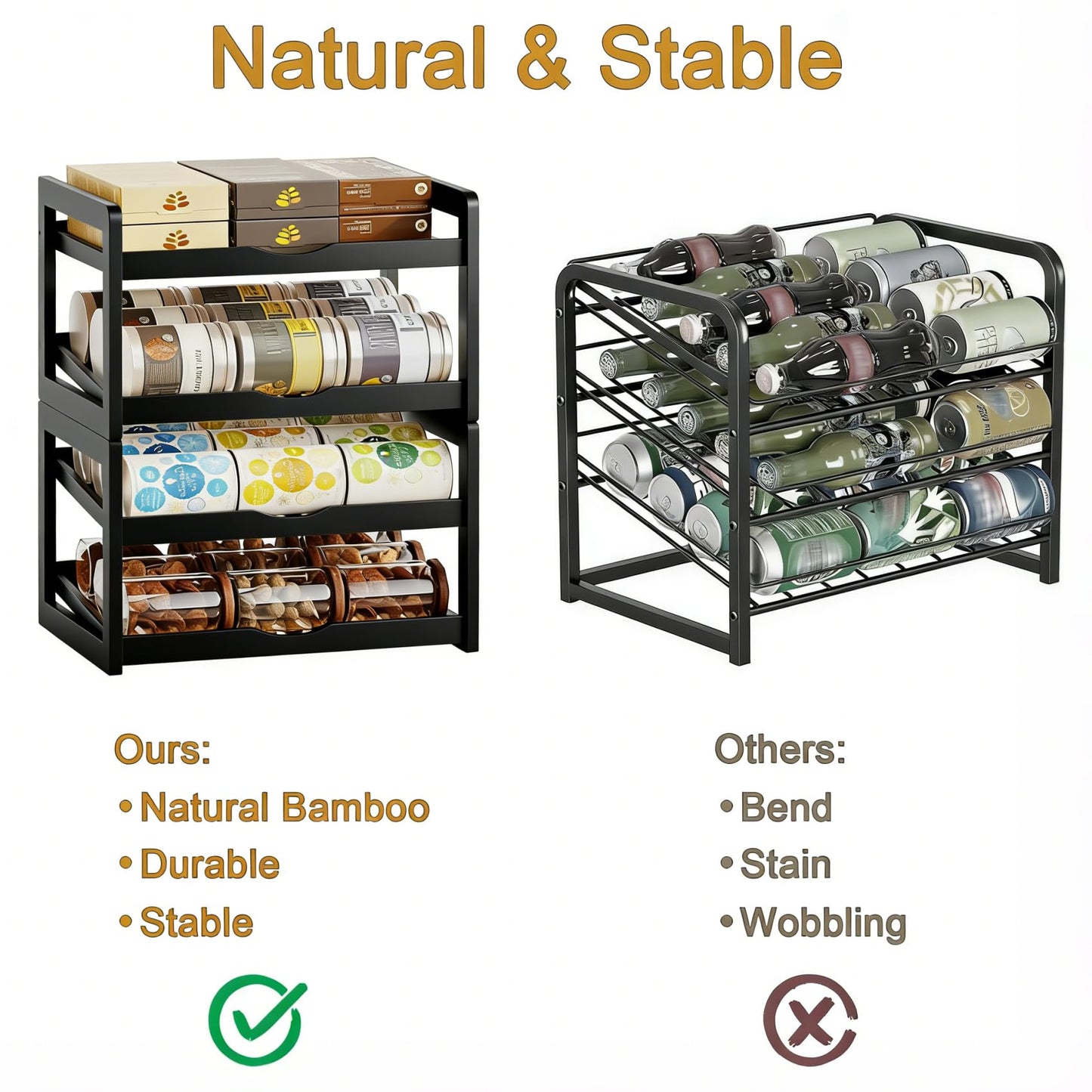 BAMBANG Can Organizer for Pantry, Detachable Bamboo 4 Tier Stackable Can Storage Rack, Rolling Soda Can Dispenser Can Holders for Cabinet, Holds Up to 48 Cans, Black