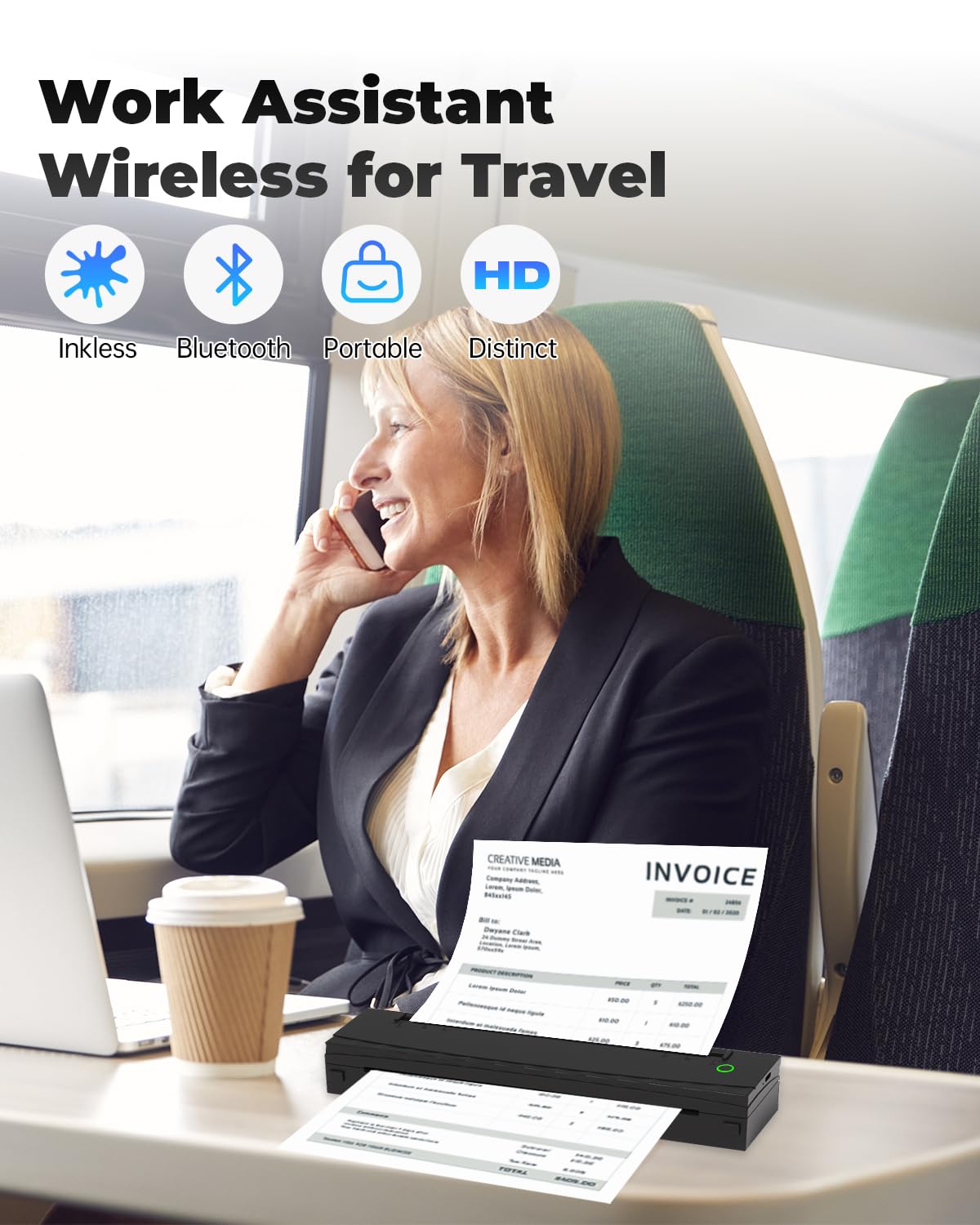 NDYIN Portable Printer Wireless for Travel, D80 Thermal Printer, Inkless Printers, Compatible with iOS, Android, Laptop, Supports 8.5" x 11" US Letter & A4 & A5 for Home Use, Office, Vehicles, Black