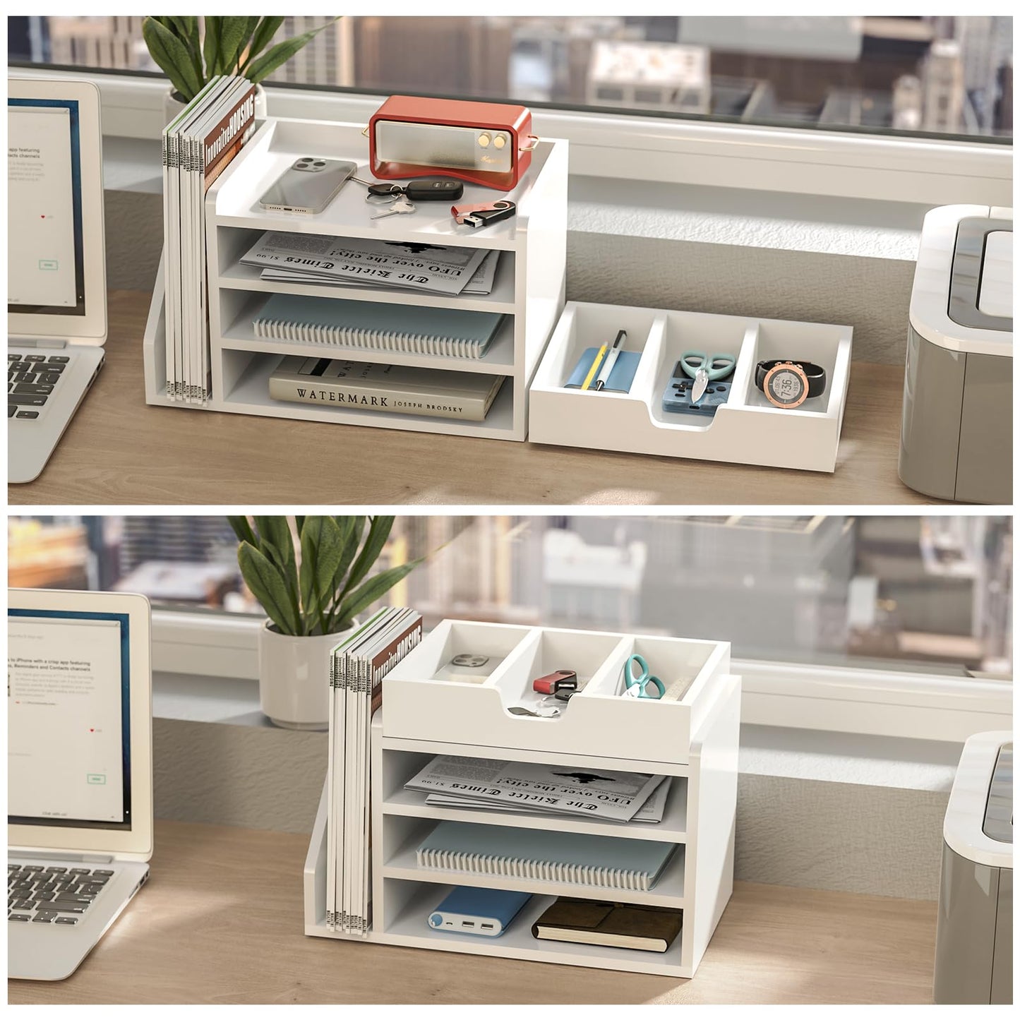 NiOffice Multi-Tier Wood Desk File Organizer with Side File Rack, 3 Tray Shelves & Adjustable Drawer - Space-Efficient Design Easy to Assemble for Efficient Office Setup, Reduces Desk Clutter (White)