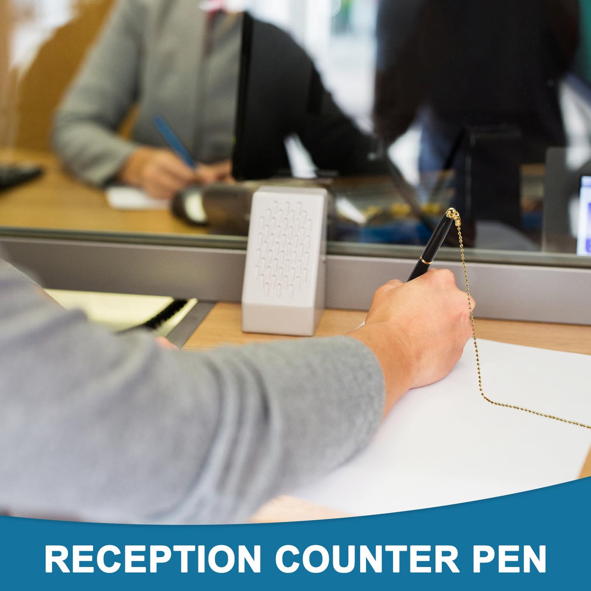 PATIKIL Secure Pen with Chain and Adhesive Pen Holder, 2Pcs Reception Counter Desk Pen with Security Pen Holder for Office Bank Hotel Lobby, Black Gold
