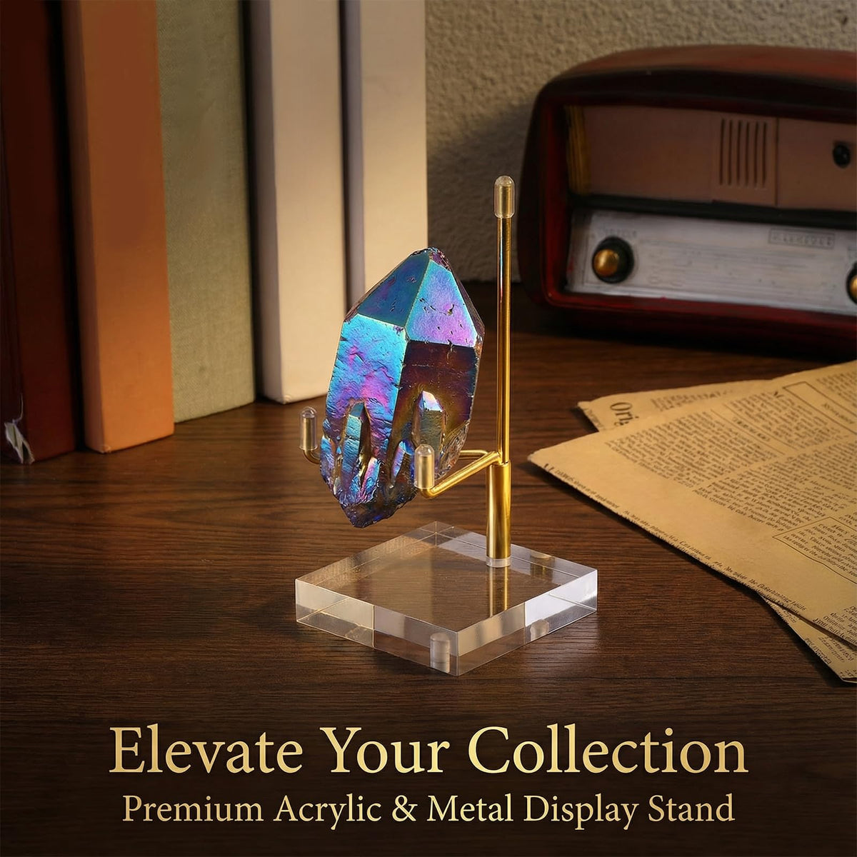 Oqqlin 12 Pcs Crystal Display Stand, 2 x 2 x 3.5 Inch Gold Rock Crystal Stand with Acrylic Base Adjustable Metal Arm Display Stands for Mineral, Agate, Geode, Picture