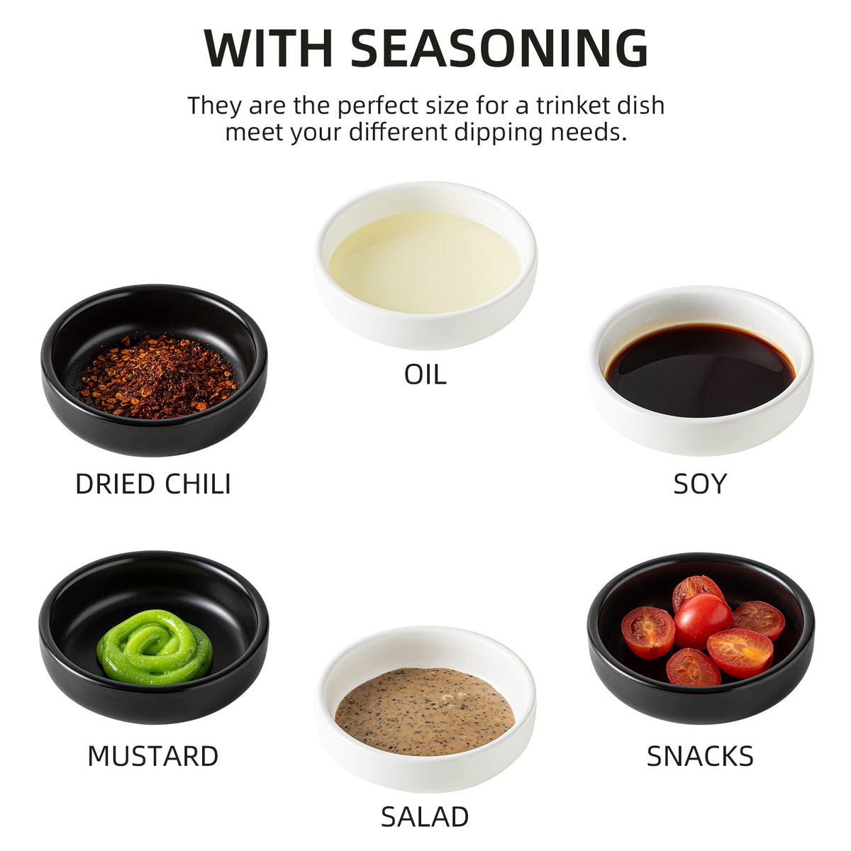 KAMAIDI Dipping Bowls Set, Ceramic Sauce Dishes, 2 oz Soy Sauce Dish, Side Bowls, Small Bowls for BBQ, Condiments, Appetizer, Dessert, Sushi, Set of 6 (White)