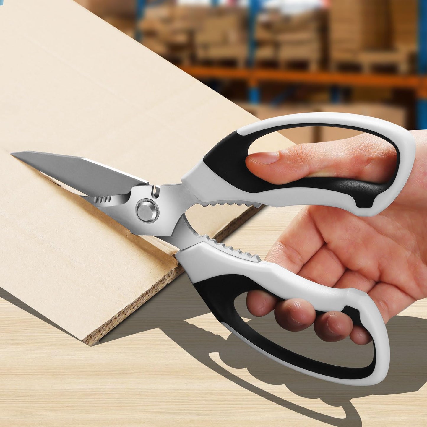 BoFuYuan 8-Inch Utility Scissors All Purpose Heavy Duty, Serrated Blade, White Comfort Grip for Cutting Carpet, Cardboard, Leather, Fabric, Multipurpose Sharp Shears for Kitchen, Garden, Office, Carft