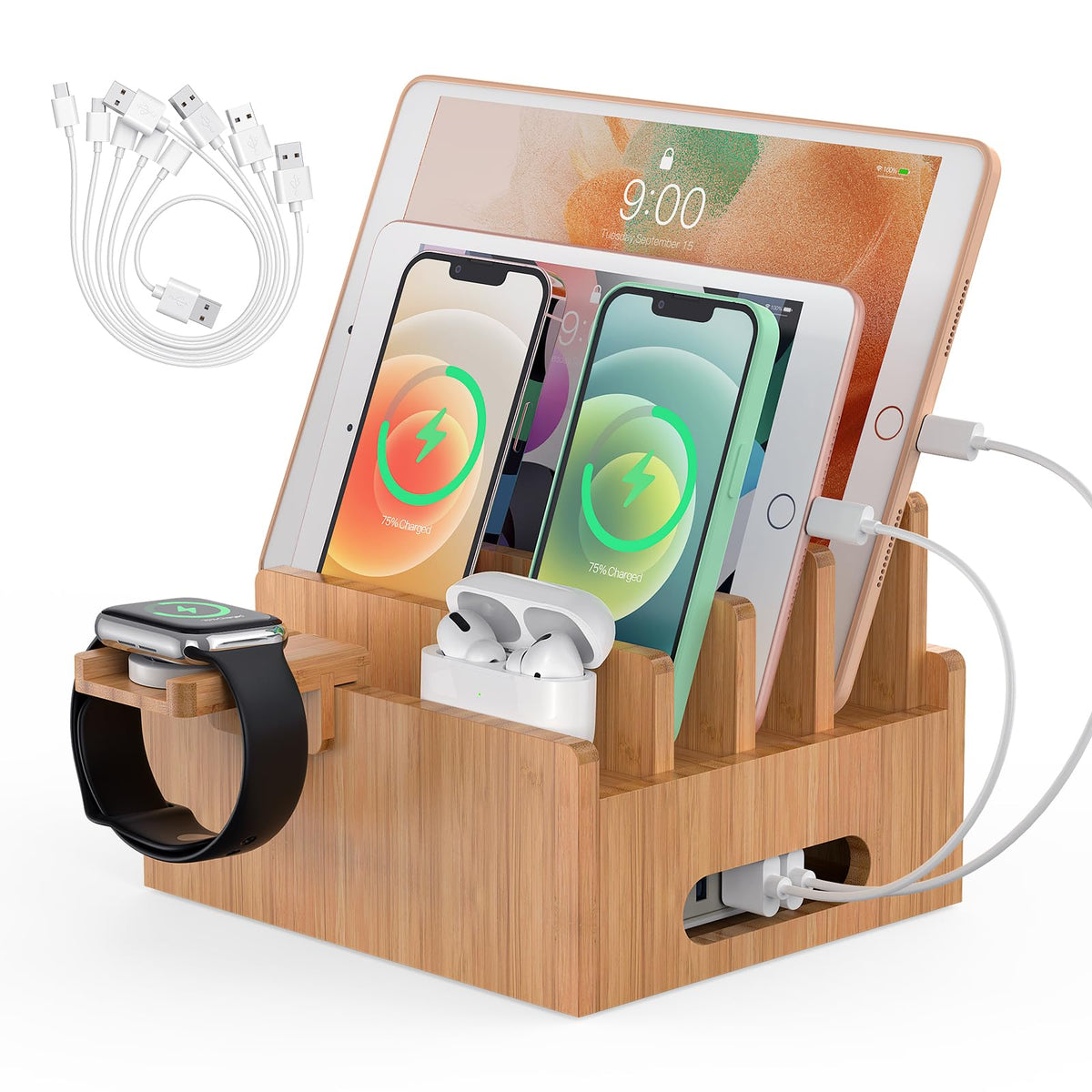 Pezin & Hulin Cell Phone Charging Stations, Bamboo Dock Organizer for Multi Devices, Tablets, Smart Watch, with Pack 5 Cables, No Power Charger Supply