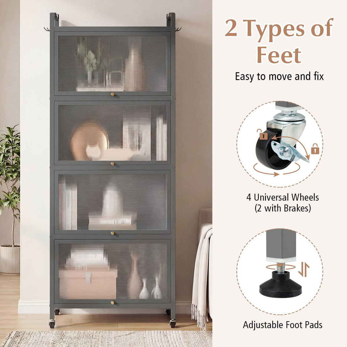 Giantex 5-Tier Kitchen Storage Cabinet, Mobile Microwave Stand with Flip-up PC Doors, Freestanding Kitchen Bakers Rack with 4 Rolling Casters, for Dining Room, Living Room and Study, Grey