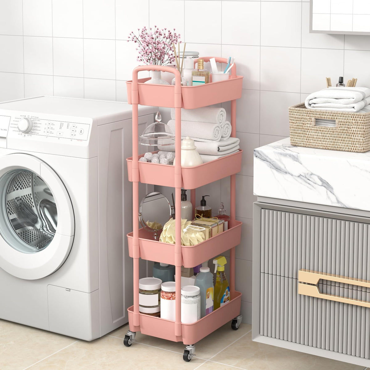 Sywhitta 4-Tier Plastic Rolling Utility Cart with Handle, Multi-Functional Storage Trolley for Office, Living Room, Kitchen, Movable Storage Organizer with Wheels, Pink