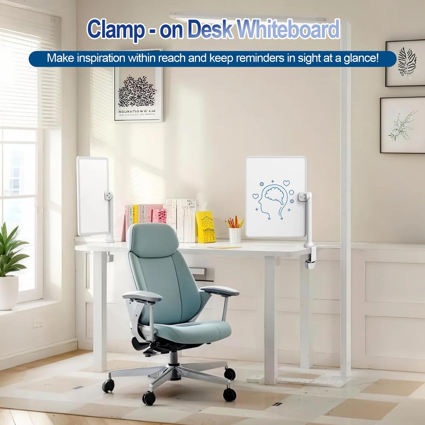 Double-Sided Clamp-On Desk Whiteboard, 360° Swivel Desktop Dry Erase Board for Office & Home Study, Fits Desks Under 2.3" Thick, Space Saving Memo Board (16" x 12") with Markers(1pc)