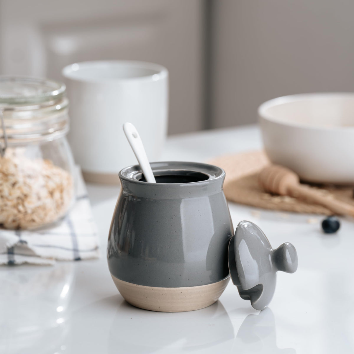 famiware Milkyway Sugar Bowl with Lid and Spoon, 10oz Ceramic Sugar Jar/Pot/Dispenser for Salt, Condiments, Spice, Seasonings, Sugar Container for Coffee Bar, Home, Kitchen, and Countertop, Dark Gray