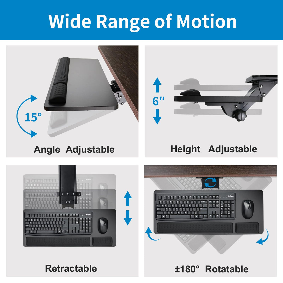 Cartmay Keyboard Tray Under Desk,25x9.84'' Large Slide Out Swivel Tilt Computer Keyboard Drawer for Home Gaming Office Desk, Dual Mount,Black