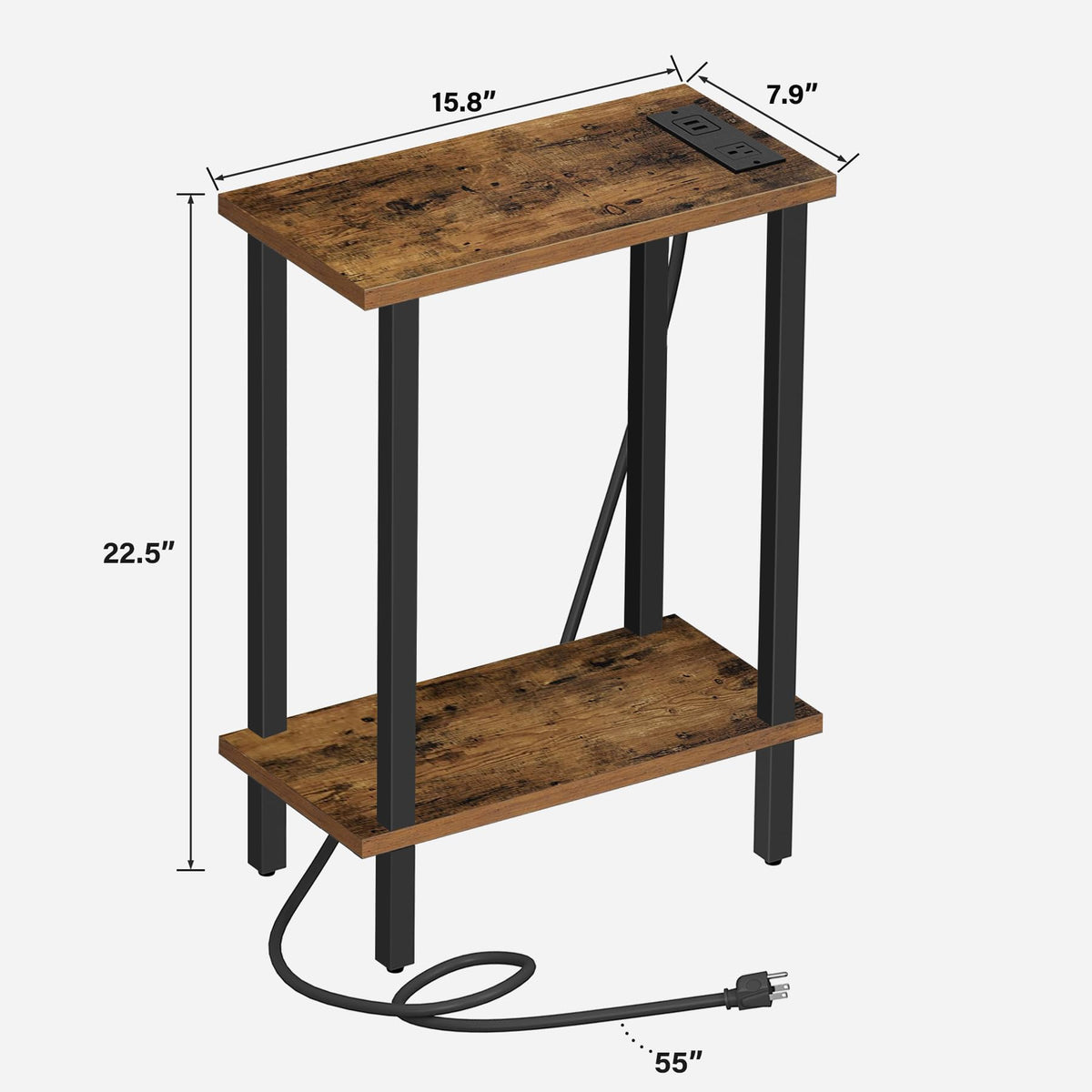 TUTOTAK Small End Table with Charging Station, Narrow Side Table with USB Ports and Outlets, Skinny Sofa Table, Slim Nightstand, Living Room, Bed Room, Brown TB01BB060
