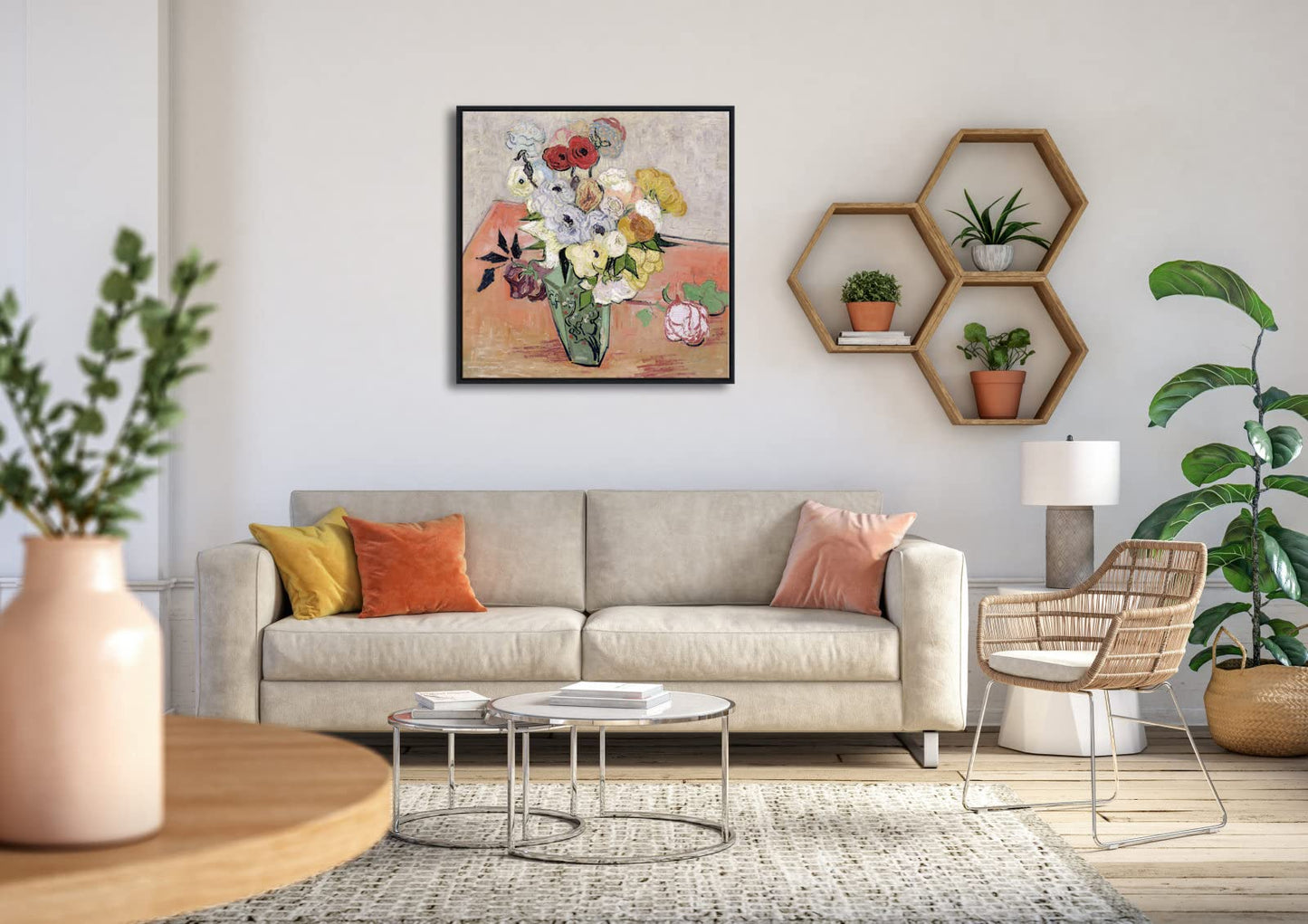Wieco Art Framed Wall Art Japanese Vase with Roses and Anemones by Vincent Van Gogh Oil Paintings Reproduction Artwork Flowers on Canvas Wall Art for Home and office Decorations