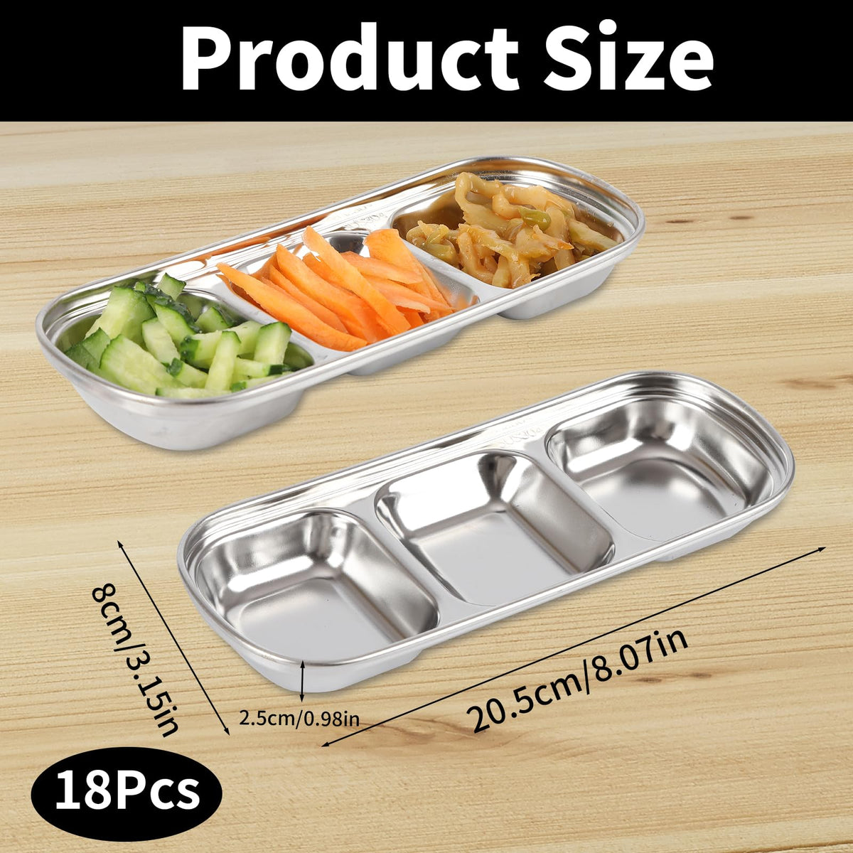 18 Pcs Soy Sauce Dishes, Stainless Steel Divided Dip Bowls, Korean 3-Compartment Sauce Plates for Home Restaurant BBQ, Vinegar, Spices, Ketchup, Salt, Sugar, and Flavors
