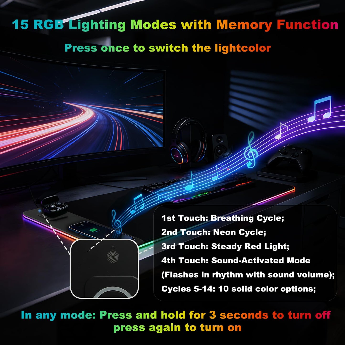 obvade Gaming RGB Mouse Pad Wireless Charging XXL Desk Mat for Keyboard 15w Fast Charger 11 Led Light Modes Non-Slip Large Office Desk Pads on Top of Desks