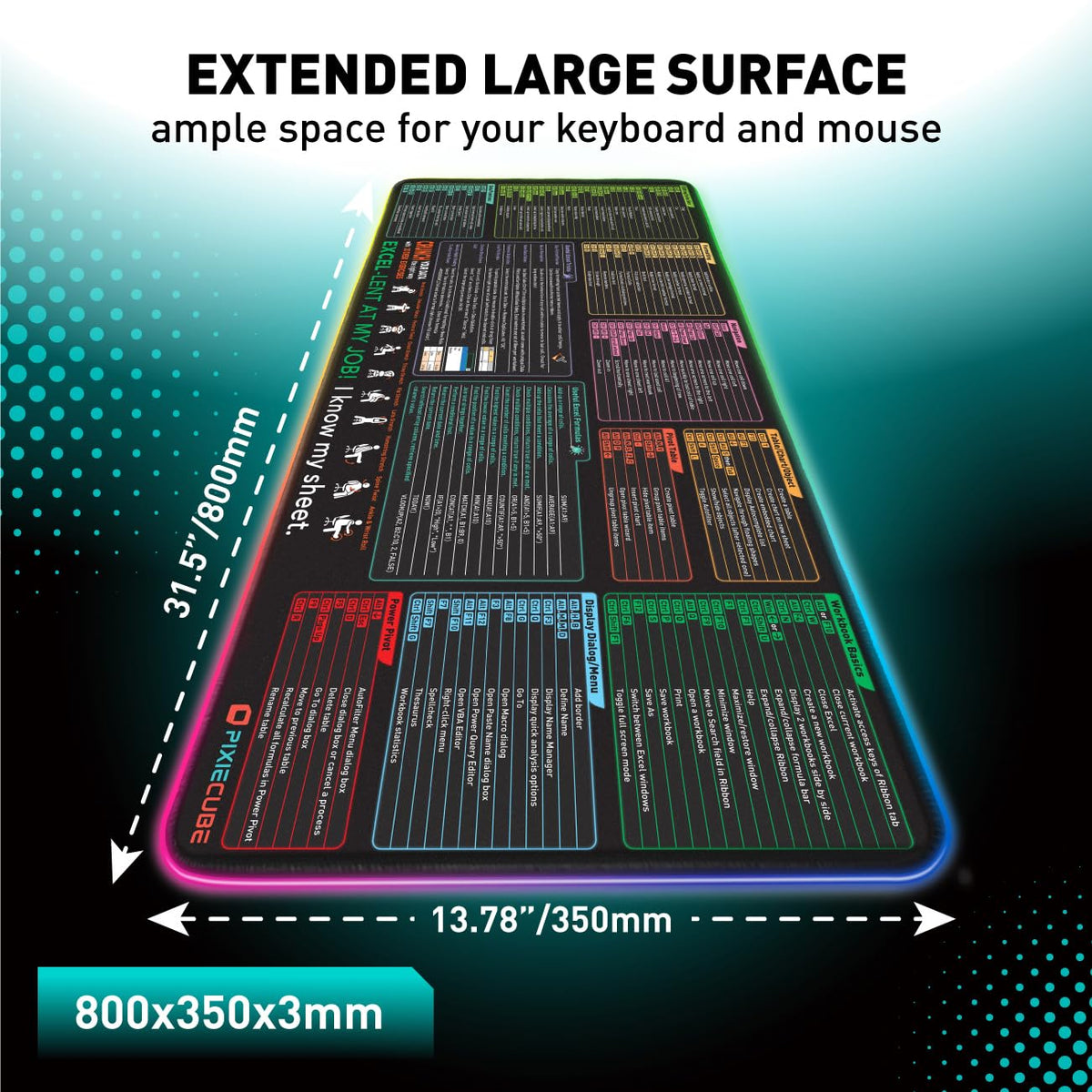 Excel Shortcut Keys LED Mouse Pad - Colorful RGB Luminous Extended Large Cheat Sheet Gaming Mousepad| PC Office Spreadsheet Keyboard Mat| Non-Slip Stitched Edge