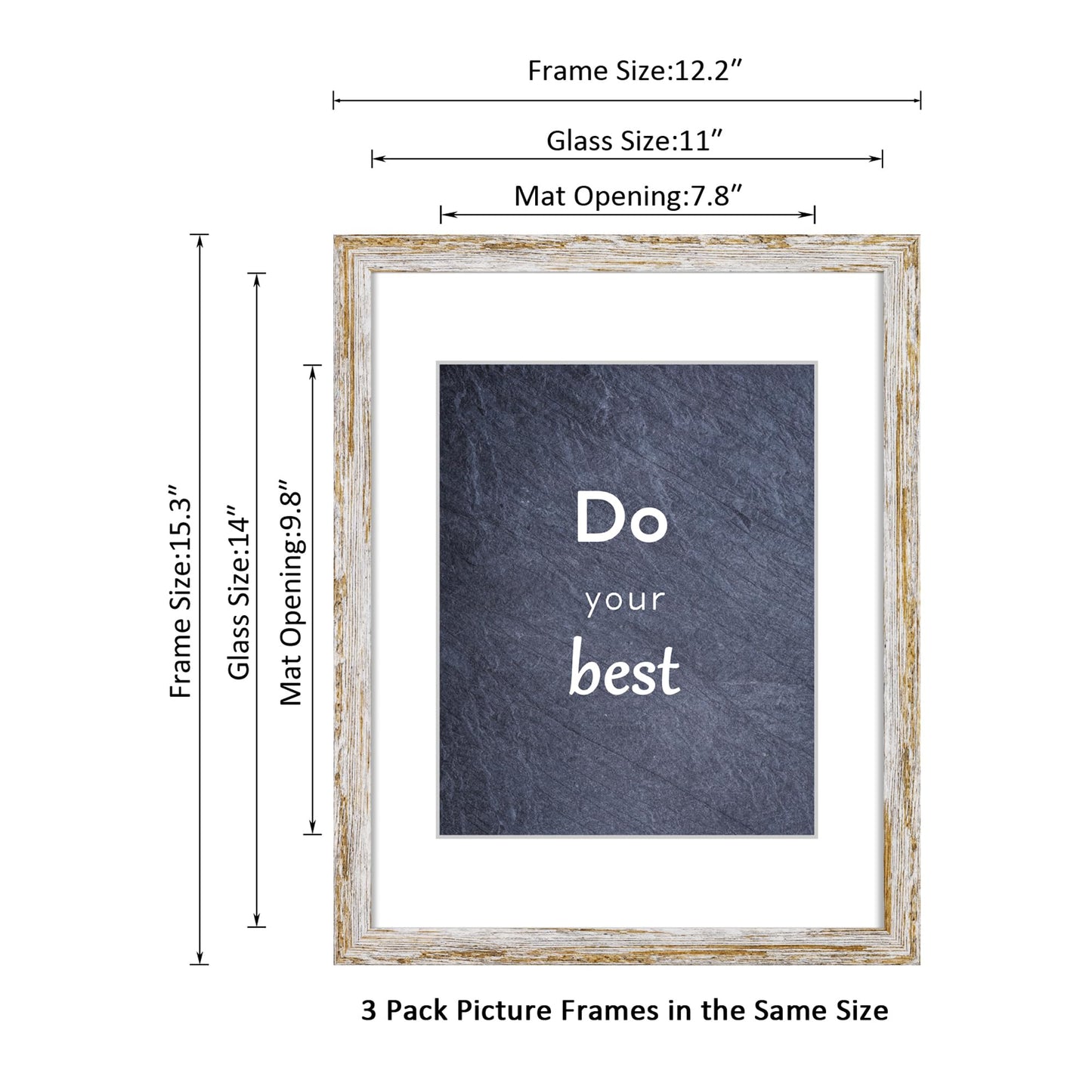 DEKWINN Rustic Distressed Retro Style White Frame 11x14 Picture Frame Set of 3 with Real Glass for Pictures 8x10 with Mat or 11x14 Without Mat, Wall Gallery or Tabletop display