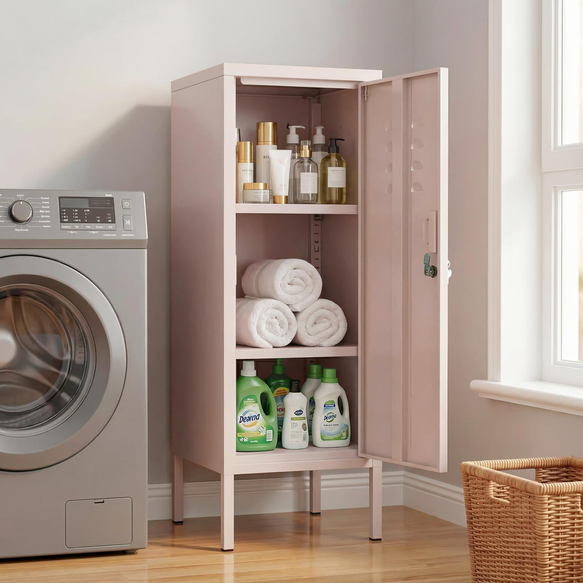 Lockable Metal Locker Cabinet, 39''h Metal Storage Cabinet with Lock, Adjustable Shelf & Ventilation, Steel Locker for Gym, School, Office, Home, Garage Pink