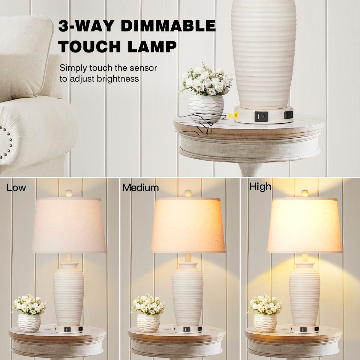 CINSARY 24.3" Farmhouse Jar Table Lamps Set of 2, 3 Way Touch Control Rustic Bedside Lamps with USB A+C Ports & AC Outlet, Pot Nightstand Lamps for Bedroom Living Room (LED Bulbs Included)