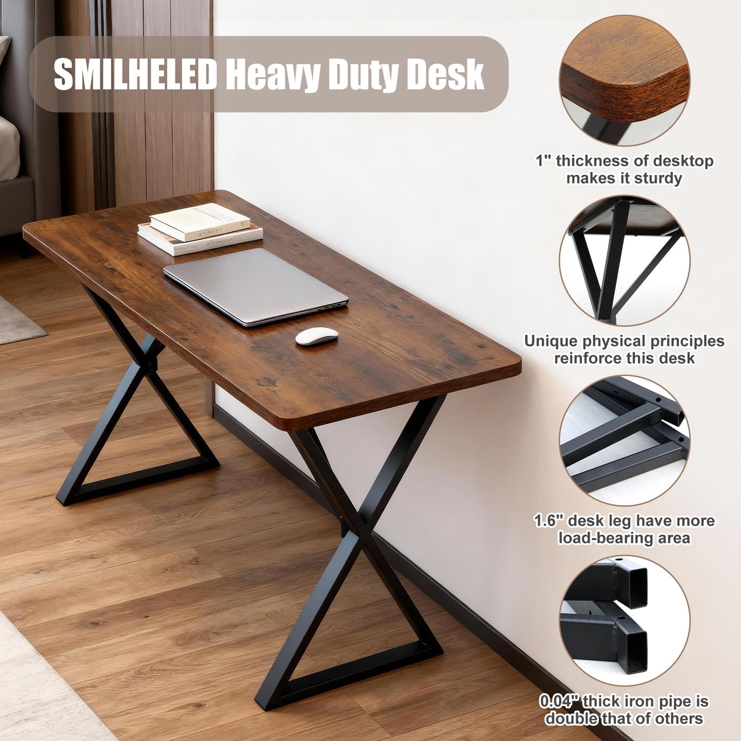 SMILHELTD Heavy Duty Office Desk Industrial Grade Computer Desk with 1" Thick Desktop & 1 mm Reinforced Metal Frame Sturdy Workstation for Home Office Gaming Dorm 47.2" W x 23.7" D x 29" H