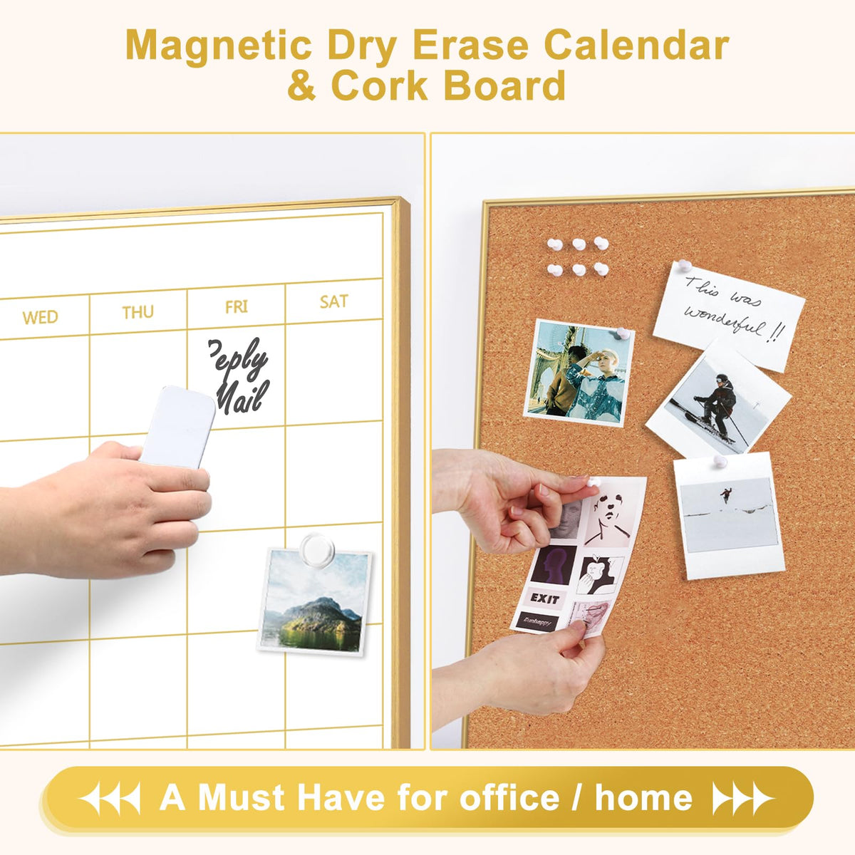 ARCOBIS Dry Erase Calendar with Cork Board, 36"x24" Magnetic White Board Calendar Dry Erase for Wall, Gold Frame Combination Board for Office, Home, School