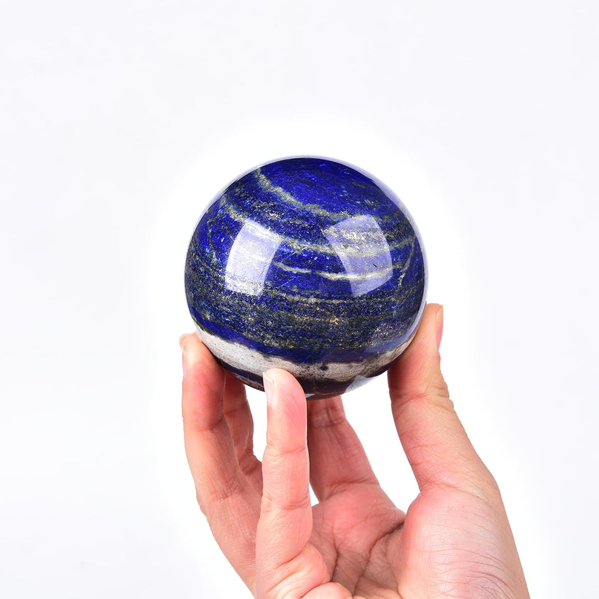 JIC Gem Lapis Lazuli Crystal Sphere with Wooden Stand,Decorative Crystal Ball Blues Gemstone Sphere for Meditation,Feng Shui,Witch-Style Decor,Office Table 70-80mm