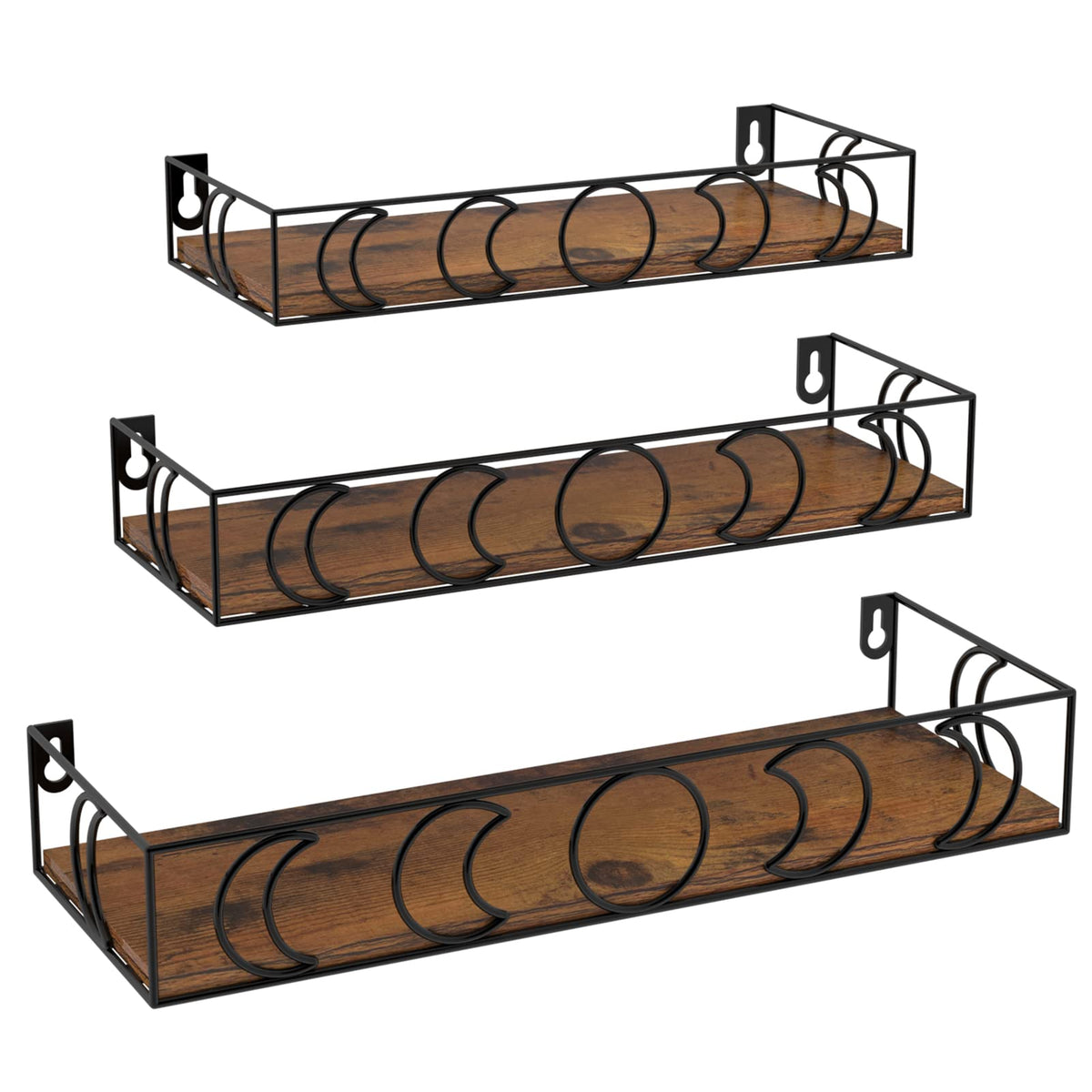 Serwrsw Moon Phase Wall Shelves Brown Black, 3 Pack Small Floating Book Plant Shelves for Bedroom Kid Room, Decorative Storage Display Shelf for Crystal Figurine Collectibles