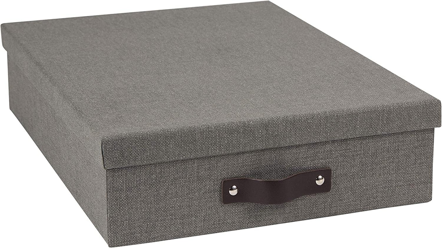 Bigso Oskar Canvas Fiberboard Document Letter Box - File Organizer Box for Important Paperwork - Document Storage with a Lid & Leather Handle - 3.3 in x 10.2 in x 13.8 in - Gray