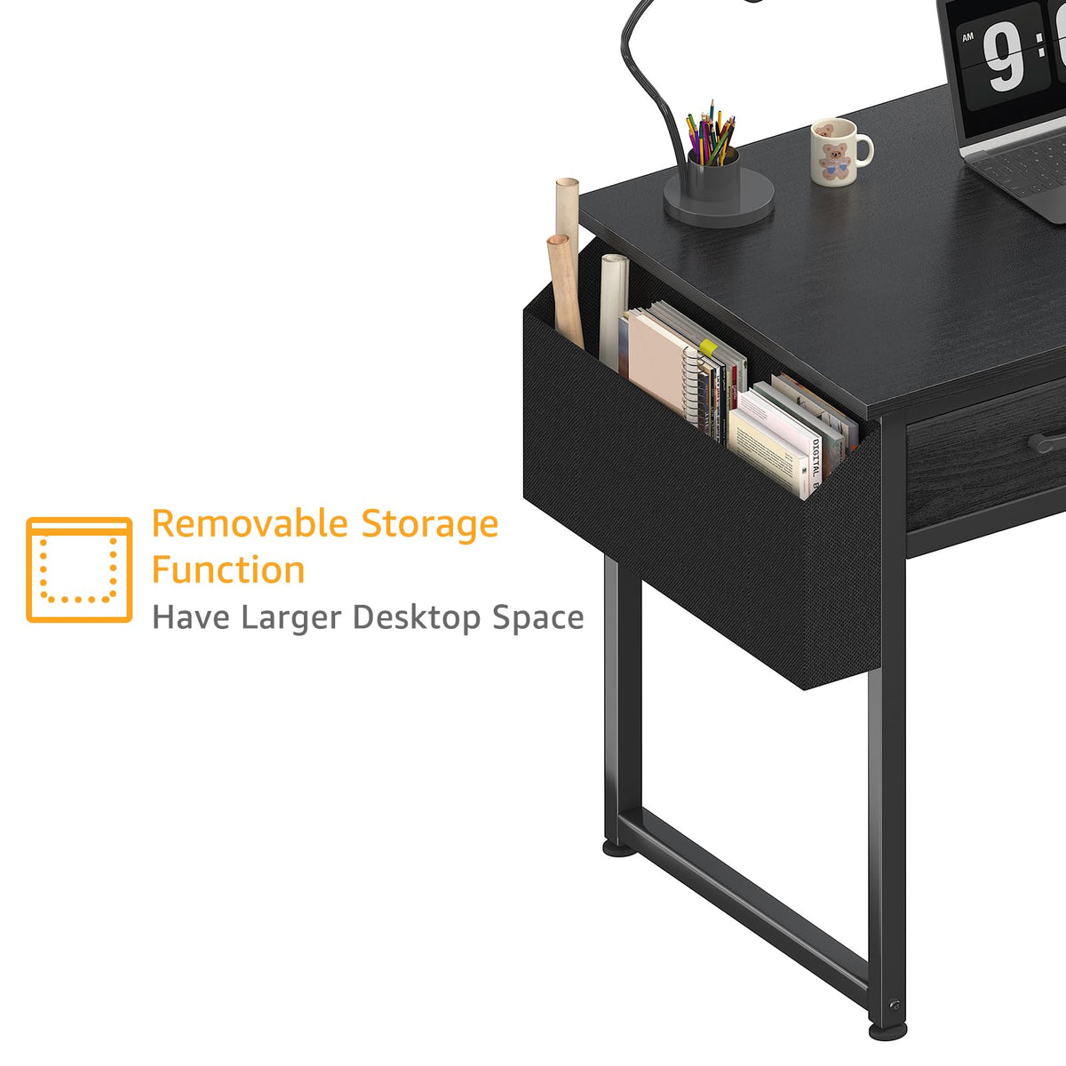 DLisiting Small Desk with Fabric Drawers for Bedroom, 32 Inch Gaming Desk with 2 Drawers for Small Space, Study Writing Table PC Desks, Black