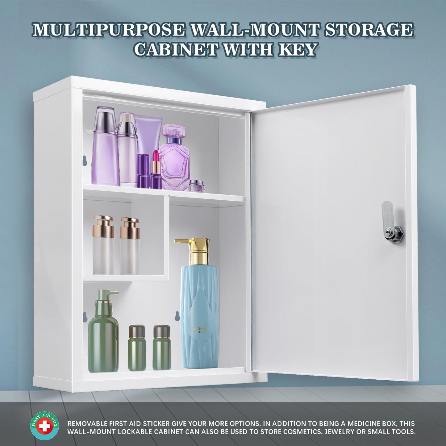 KYODOLED Wall Mount Locking Medicine Cabinet, Large Capacity First Aid Cabinet for Bathroom, Medicine Cabinet with Key, Secure Steel Lock Box for Medication, 15.75" H x 11.82" W x 4.72" D, White