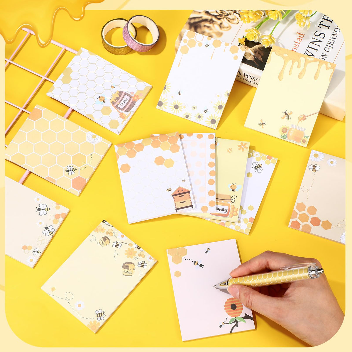 Chiisong 12 Pieces Bee Sticky Notes Bee Notepads Gifts 3x4 Inch Adhesive Honey Memo Notes for Women to Do List for Memo Reminder List for Office Home Supplies Teachers Gift