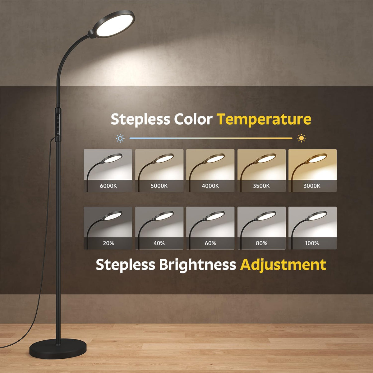 Morfone Light Therapy Lamp, 11000 Lux UV-Free Floor Sun Light Lamp with Touch Remote Control, 5 Color Temperatures 10 Brightness Levels Lights for Living Room Bedroom Office (Black)