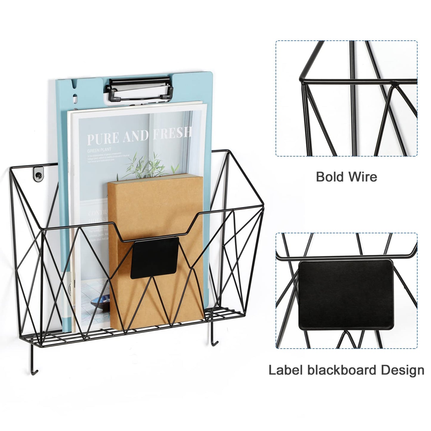 OYEAL Hanging Wall File Organizer Metal Wall File Holder 3 Pockets Mail Organizer Wall Mounted with Hooks for Office Home, Black