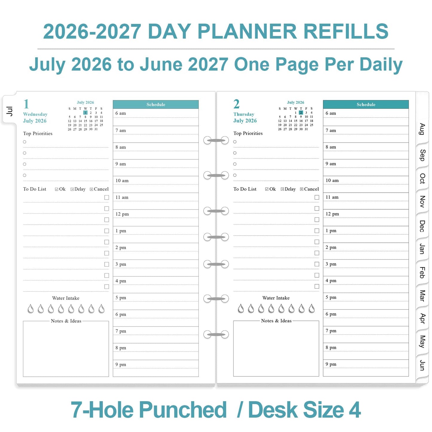 2026-2027 Planner Refills - One Page Per Day Daily ＆ Monthly Planner, July 2026-June 2027, 7-Hole Punched，Prioritized, To-Do List, Notes, Appointment Schedule, Desk Size 4, 5.8" x 8.3"