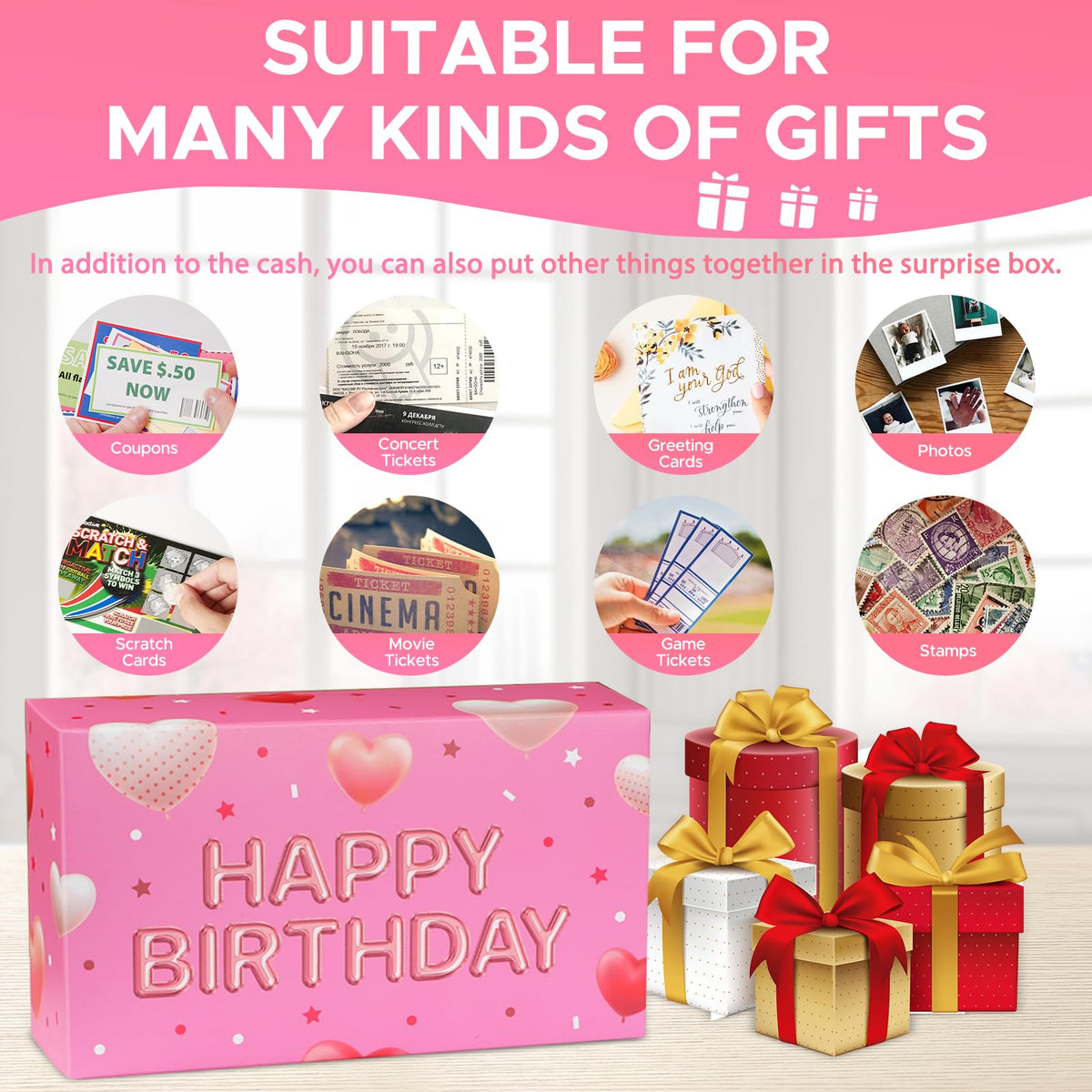 WenmthG Happy Birthday Surprise Gift Box Explosion for Money - DIY Pop Out Folding Bounce Explosion Gift Box with Confetti - Birthday Money Bank - Cash Gift Idea for Women Men Kids (Pink)
