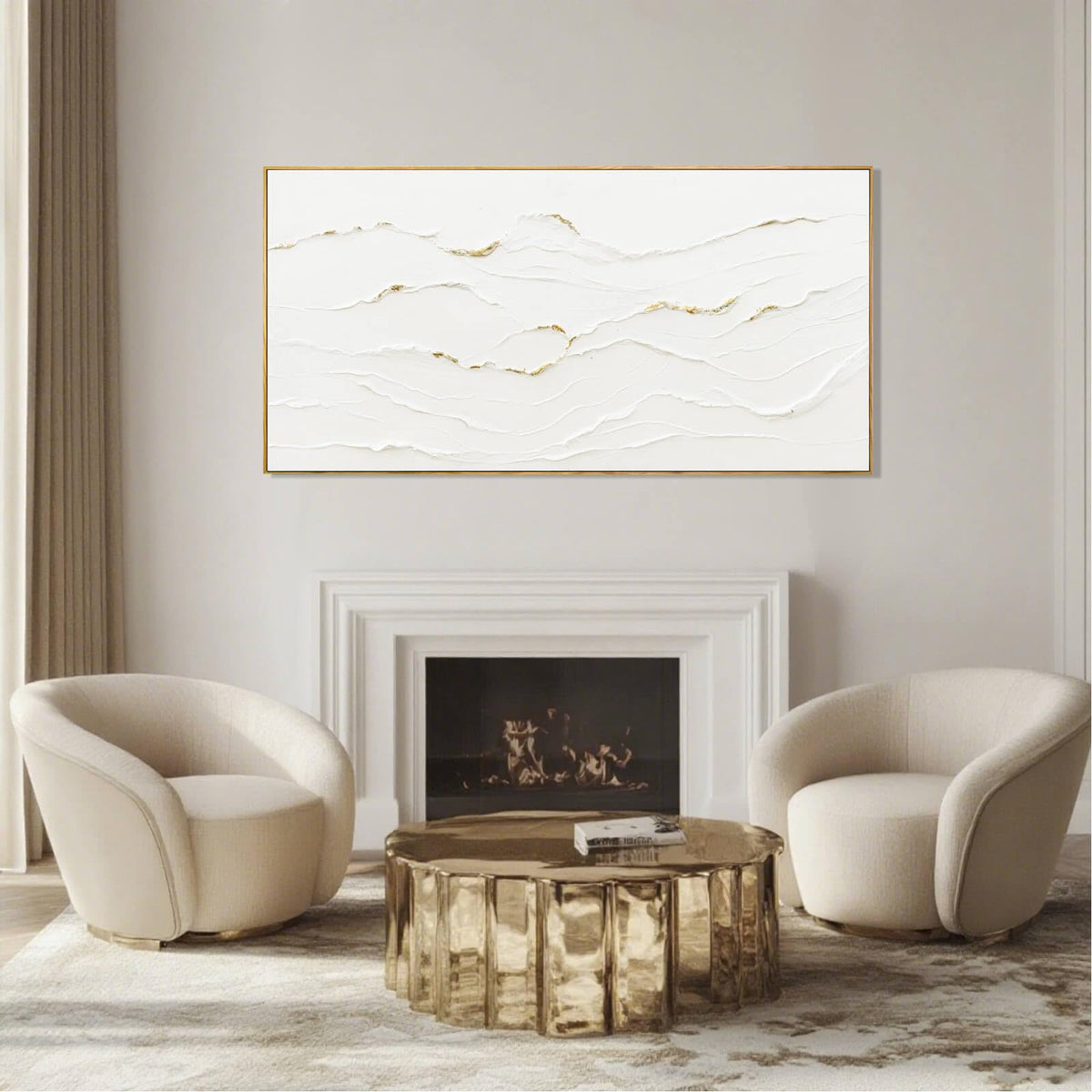 WINKAILIN Minimalist White and Gold Line Artwork with Frame Hand Painted Abstract Canvas Wave Wall Art for Bedroom Living Room Office 24"x48"