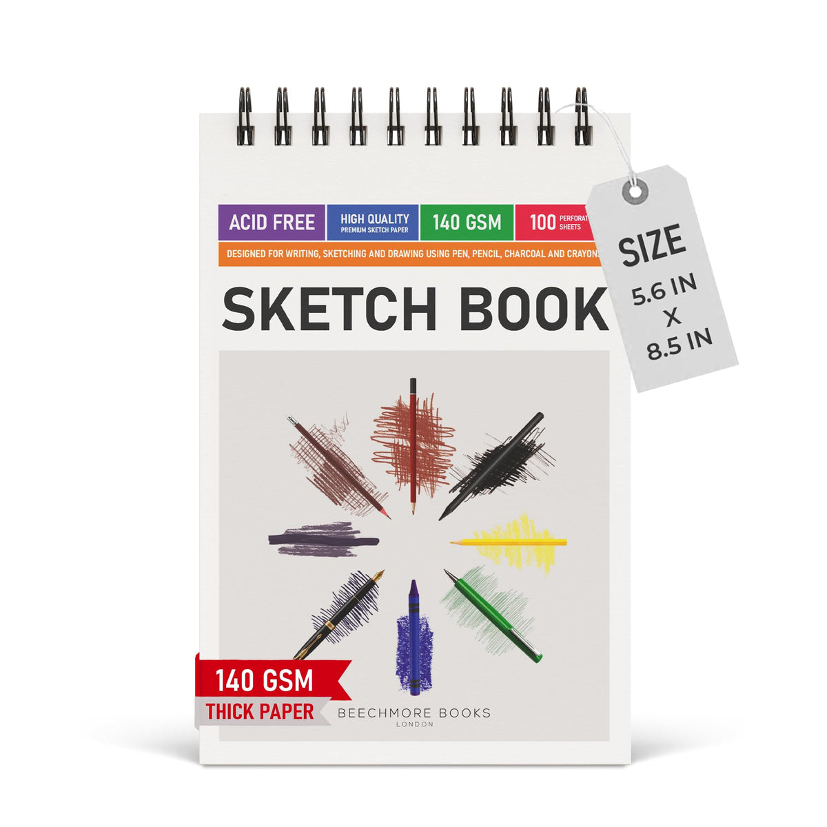 BEECHMORE BOOKS 5.6"x8.5" Spiral Sketchbook – 140 GSM Acid-Free Paper, 100 Perforated Pages, A5 Art Sketch Pad for Drawing & Sketching, Artists, Adults