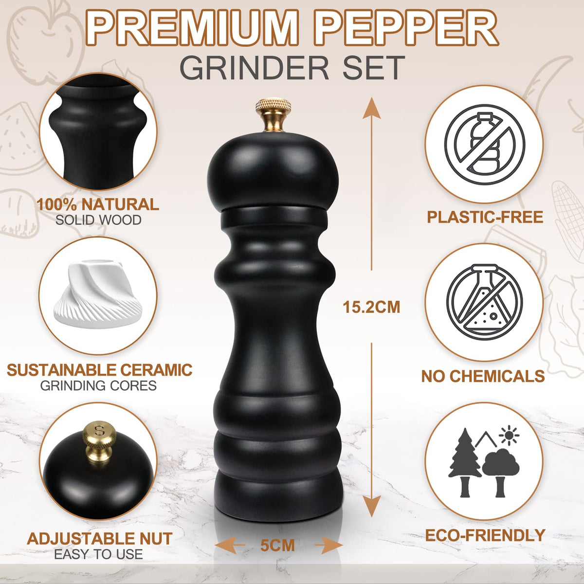 Salt and Pepper Grinders Set of 2, Manual Pepper Mill & Salt Grinder with Adjustable Ceramic Rotor & Stainless Steel Gasket, Refillable Black Salt & Pepper Shakers for BBQ Restaurant Kitchen
