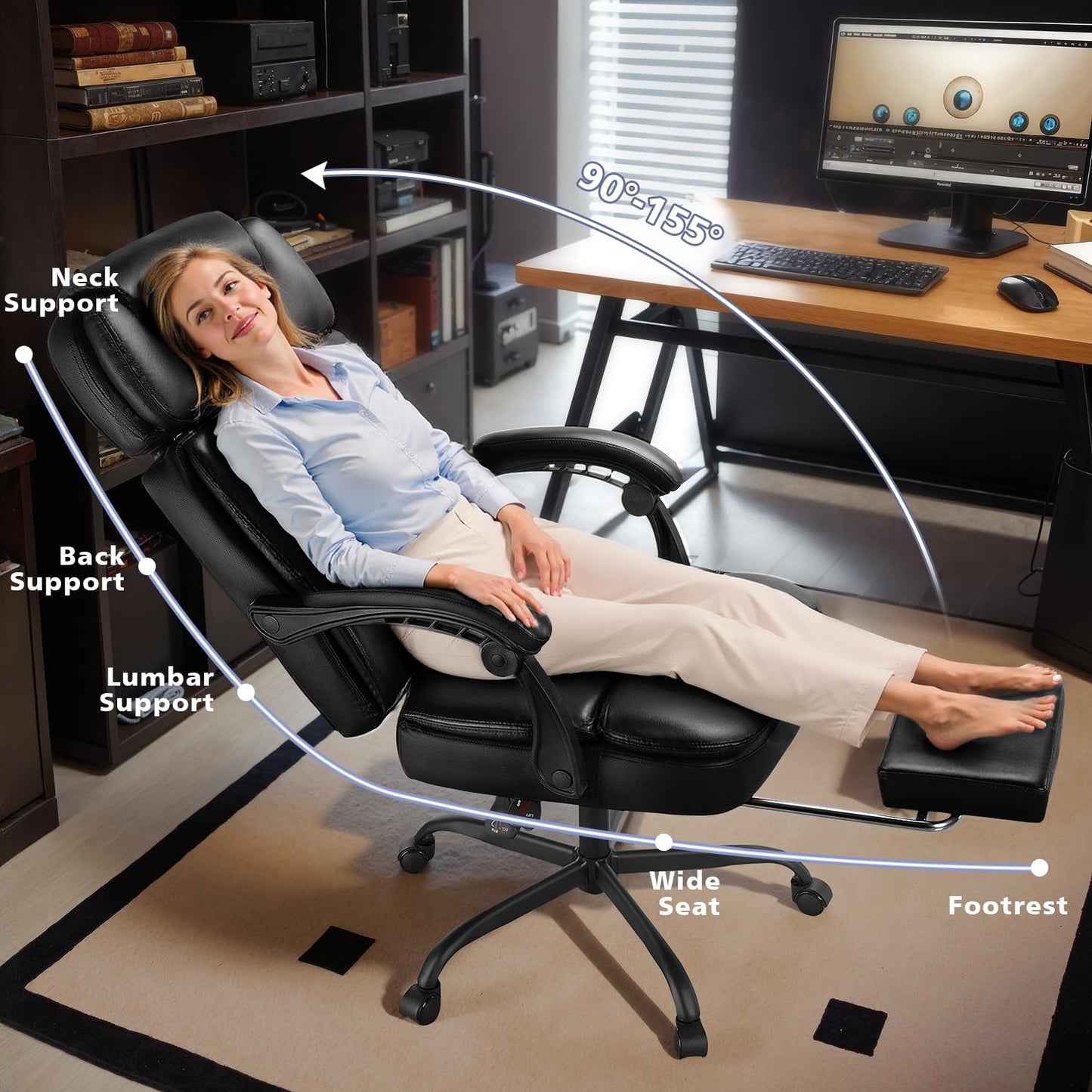 400lbs Executive Office Chair with Foot Rest for Heavy People, Ergonomic Big and Tall Desk Chair with Adjustable Headrest, High Back PU Leather Comfy Heavy Duty Computer Chair with Spring Cushion