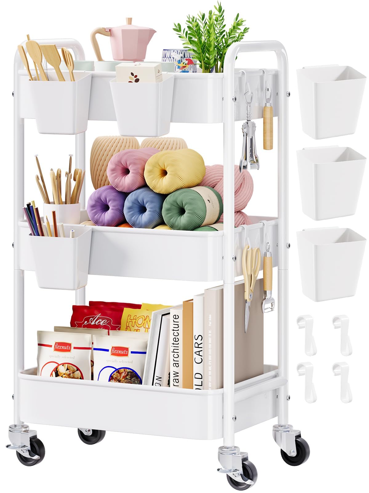 3 Tier Rolling Cart Metal with Wheels, White Three Tiered Craft Cart Organizer on Wheels, Storage Utility Carts for Art, Baby Nursery,Diaper Caddy, Cleaning Supplies, Nail,Lash,Snack,Book,Roller Shelf