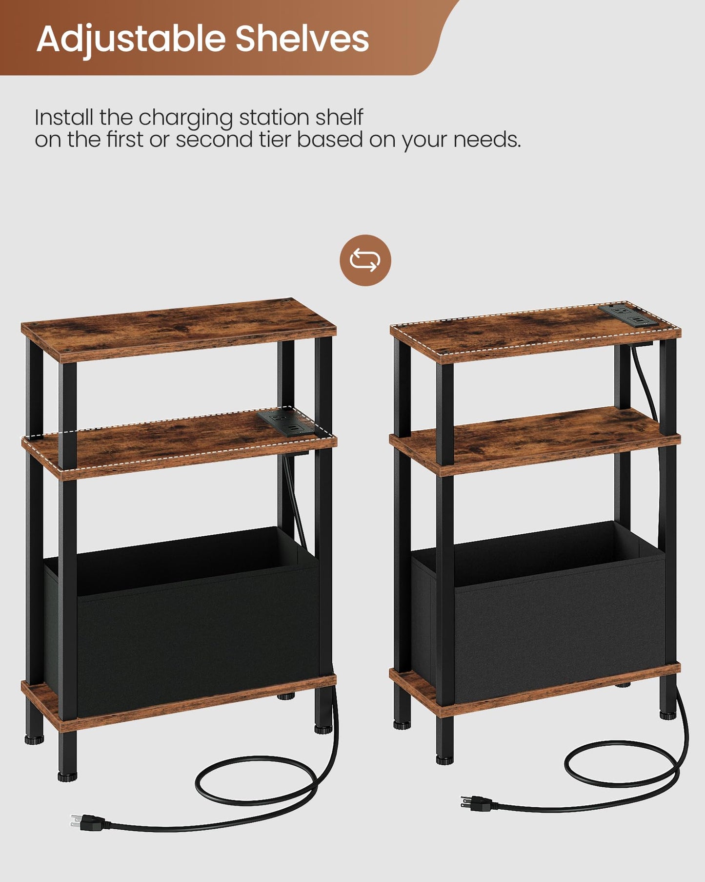 CHOEZON Small Narrow Side Table with Charging Station, Skinny End Table with Fabric Basket, Slim Nightstand for Small Spaces, Sofa Side Table, for Living Room, Bedroom, Rustic Brown and Black TBZ07UBF