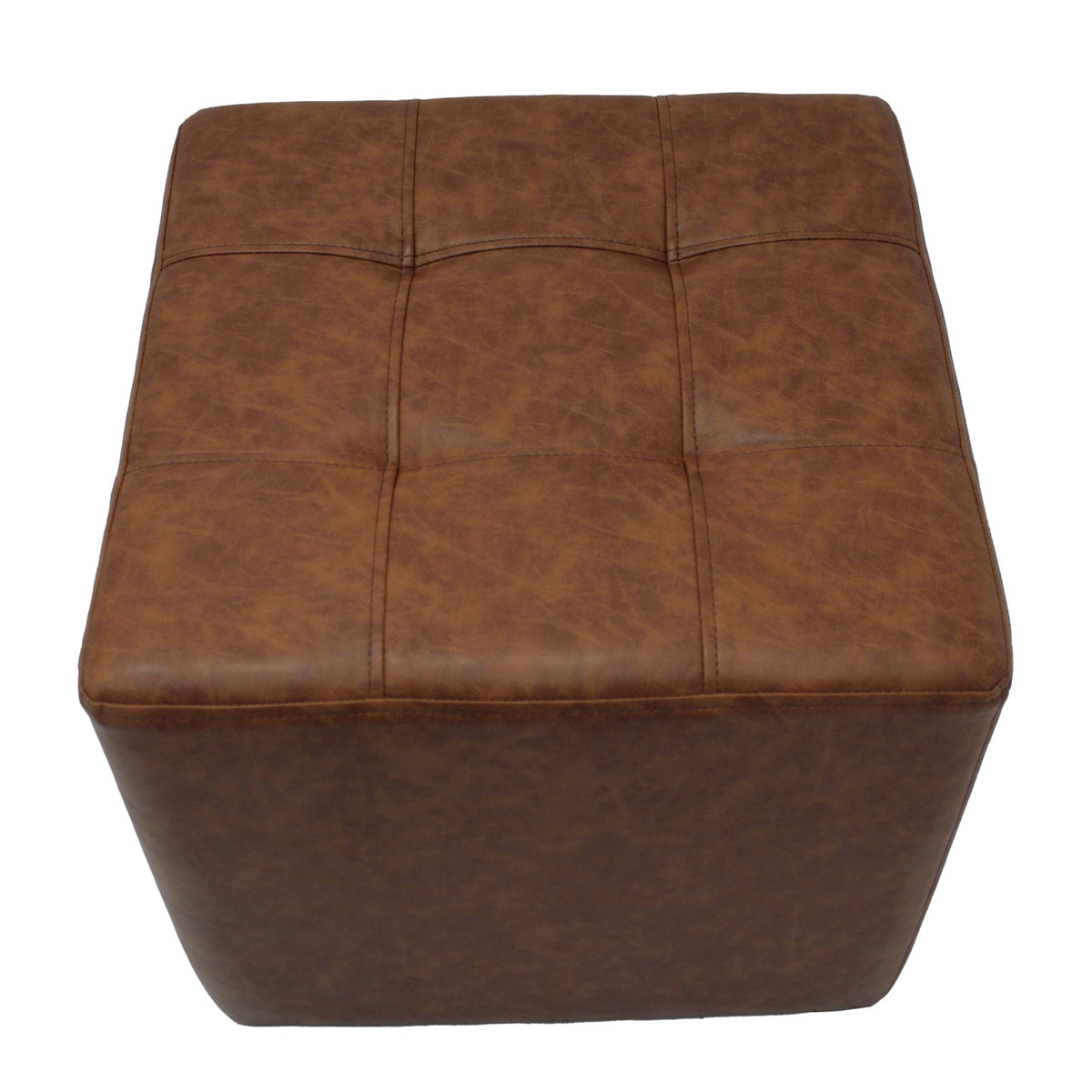 Factory Direct Partners Tufted Square Accent Ottoman; Distressed Faux Leather, Hand Upholstered Commercial-Grade Furniture for Home or Office; Seating, Footstool, Side Table Use - Hazelnut, 13381-322