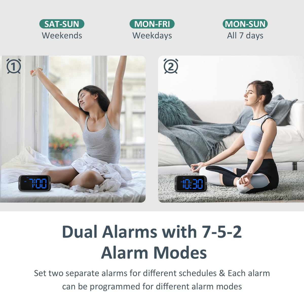 Odokee Digital Dual Alarm Clock for Bedroom, Easy to Set, 0-100% Dimmer, USB Charger, 5 Sounds Adjustable Volume, Weekday/Weekend Mode, Snooze, 12/24Hr, Battery Backup, Compact for Bedside(Blue)