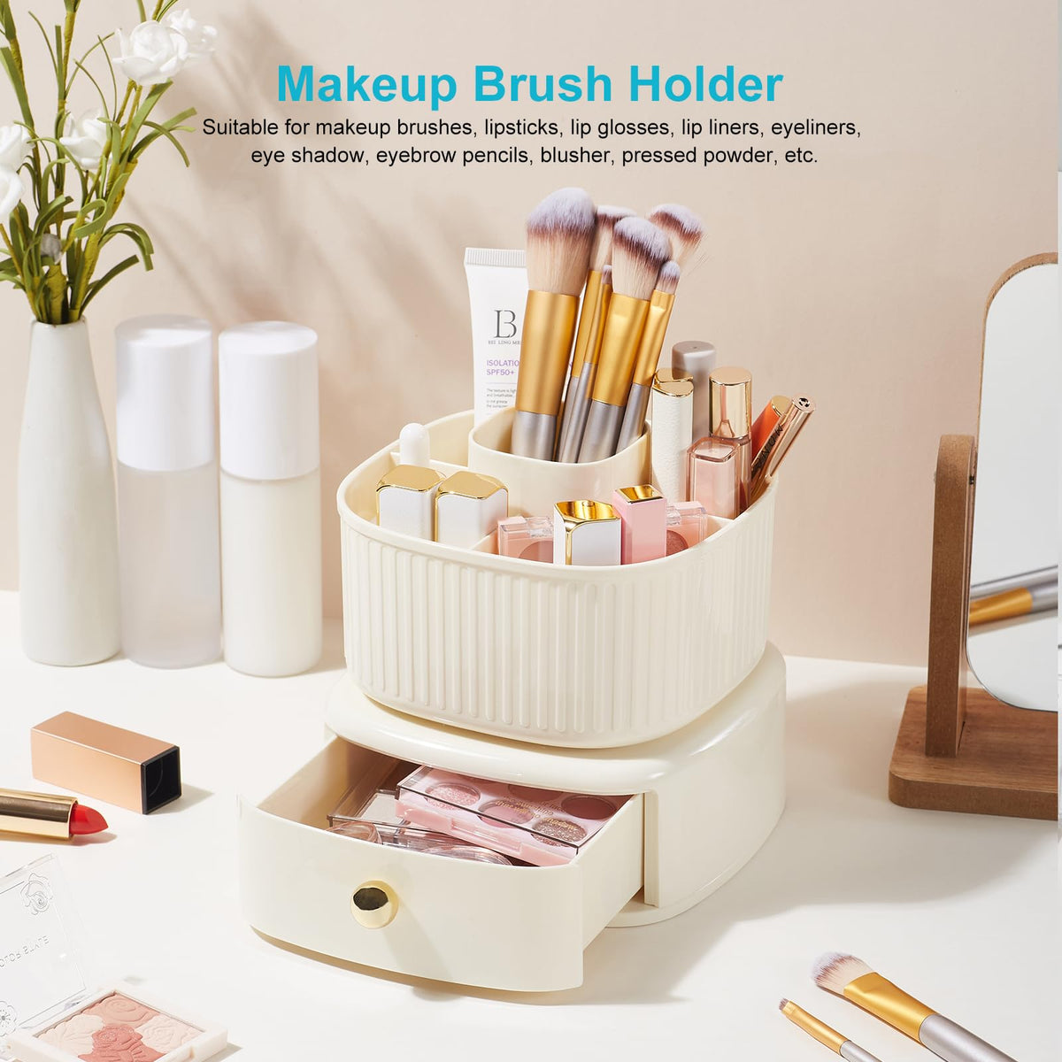 Lolocor 360 Degree Rotatable Pen Holder with Drawer, 5 Slots Office Desk Organizer Pen Holder for Desk Multi-Functional Pencil Box Desktop Stationary Organizer for Office School Home Beige