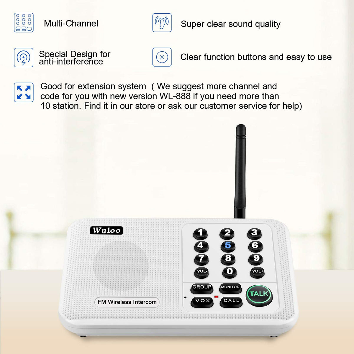 Wuloo Intercoms Wireless for Home 5280 Feet Range 10 Channel 3 Code, Wireless Intercom System for Home House Business Office, Room to Room Intercom, Home Communication System (4 Units Set, White)