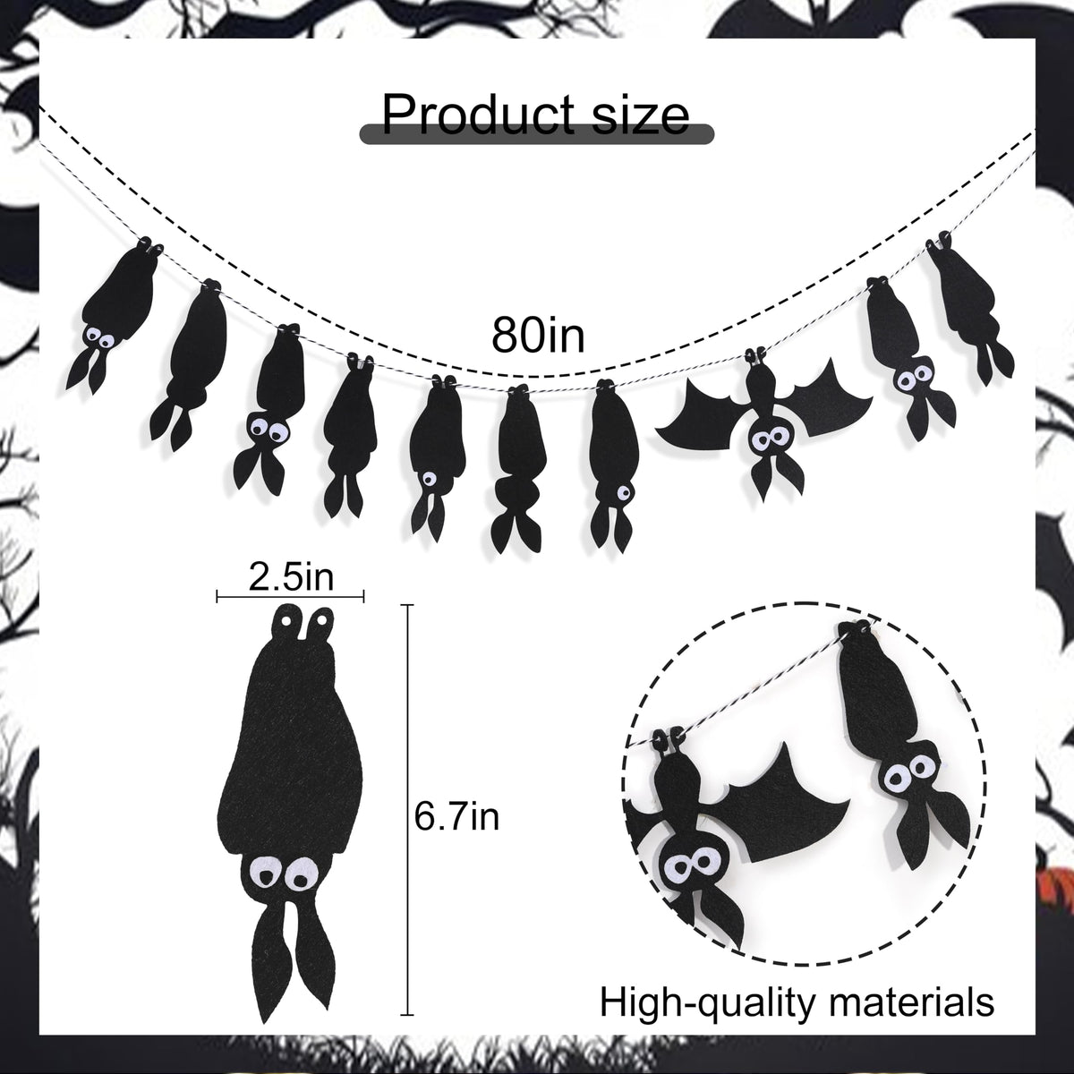 Felt Bat Garland - Halloween Black Bat Banner, Gothic Party Decor, Hanging Bat Mantel Bunting, Spooky Garland for Fireplace Mantle Walls