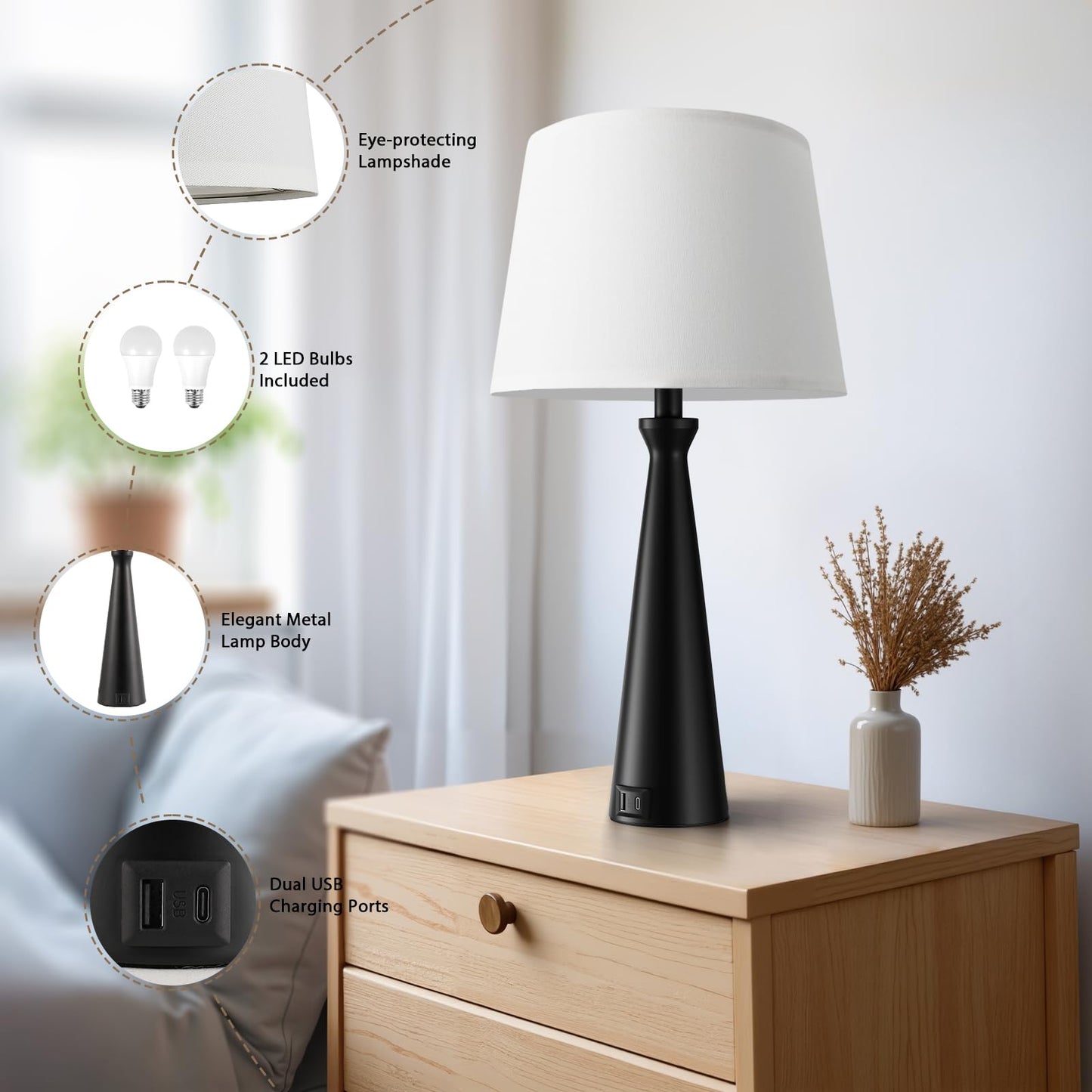 Seealle Modern Table Lamps Set of 2 - Touch Bedside Lamp for Nightstand with Dual USB C+A,3-Way Dimmable Black Nightstand Lamps for Living Room Bedroom End Table(Bulb Included)
