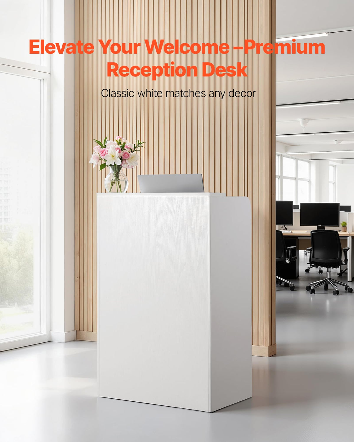 VEVOR Reception Desk, 23.6 inch Rectangular Front Counter Table, Modern Office Reception Desk with Drawer, Small Minimalist Retail Counter Table for Checkout, Lobby, Beauty Salon and Office, White
