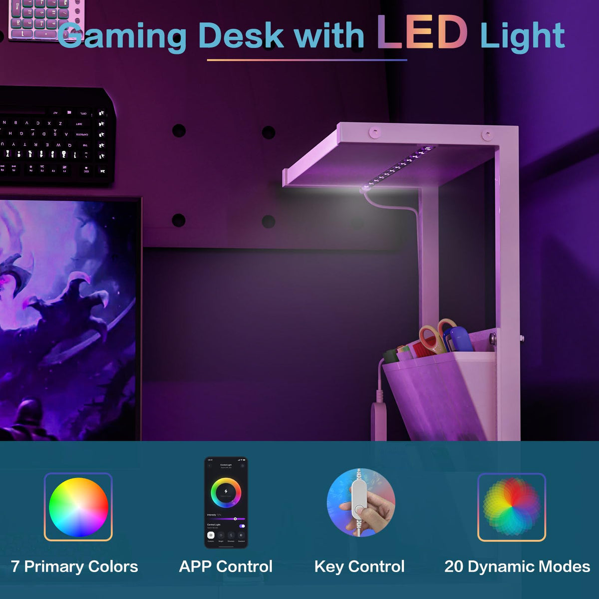 Jakyitvi 33.7" Computer Desk with Power Outlets, LED Lights & Drawer, Small Office Desk with Storage Bag & Hooks, Gaming Desk for Bedrooms or Home Office, Compact Study Desk for Small Spaces，White