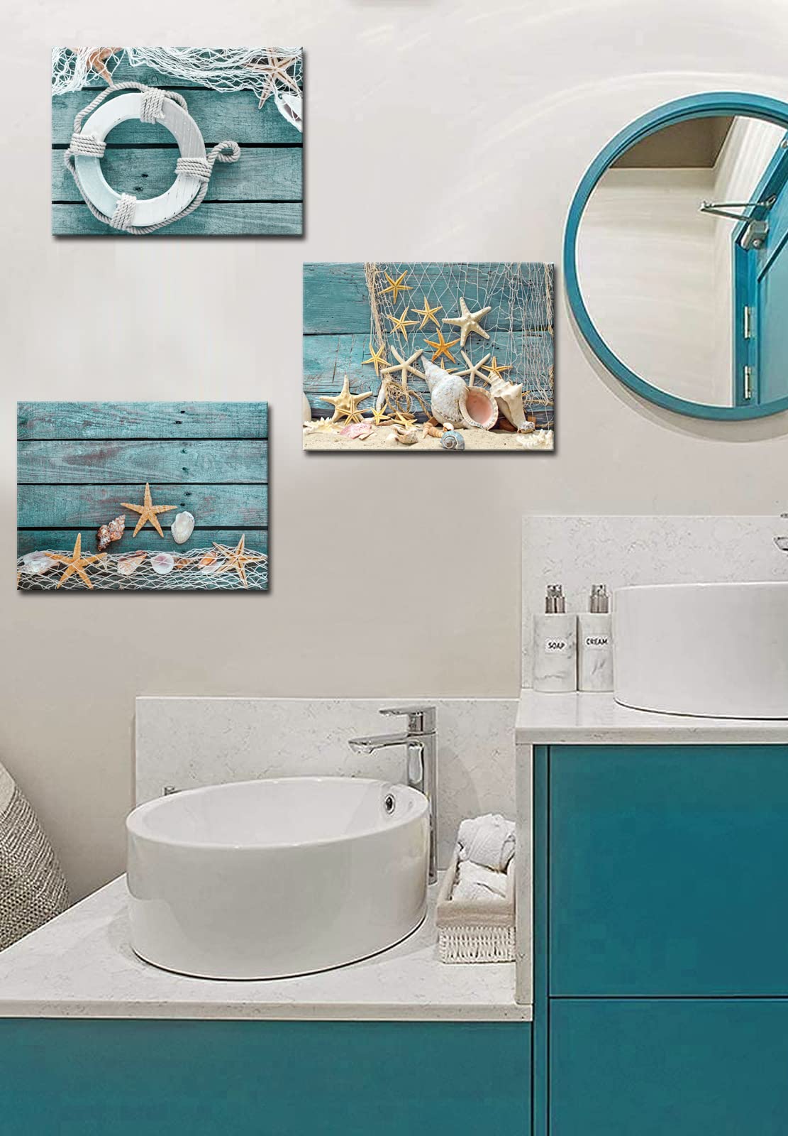 Biuteawal- 3 Piece Canvas Wall Art Starfish Shell on Teal Board Painting Prints Beach Nature Picture Canvas Artwork for Home Kitchen Bathroom Living Room Wall Decor Ready to Hang